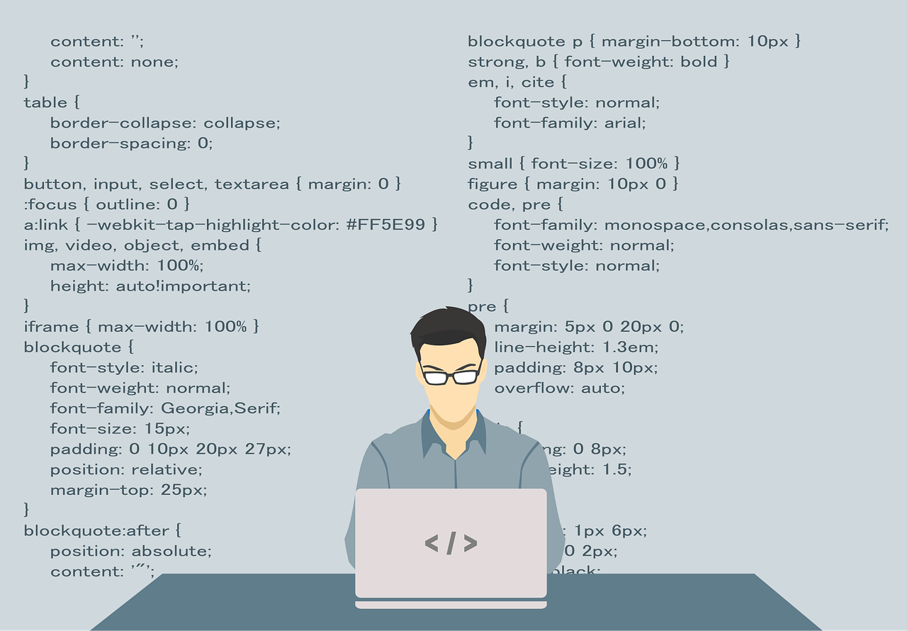 An illustration of a person coding on a laptop